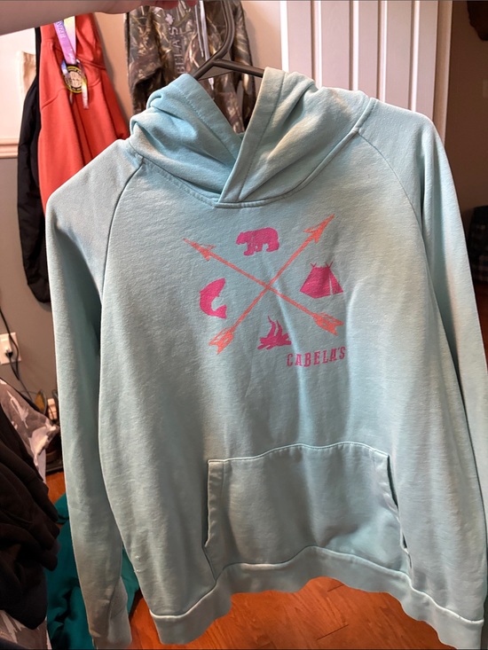 Cabela's Sweaters - Cabela's Light Blue Hoodie with Pink Outdoor Graphic